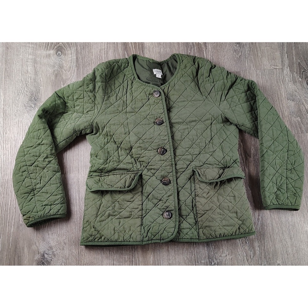J.Crew Women's 6 Quilted Jacket Green Button Front‎ Field Coat Cotton Viscose